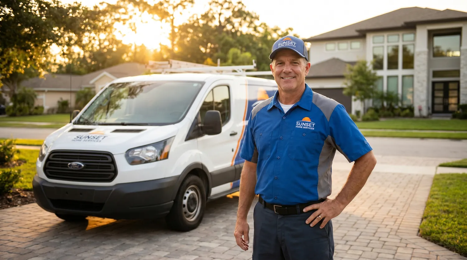 Home service professional beside a service vehicle